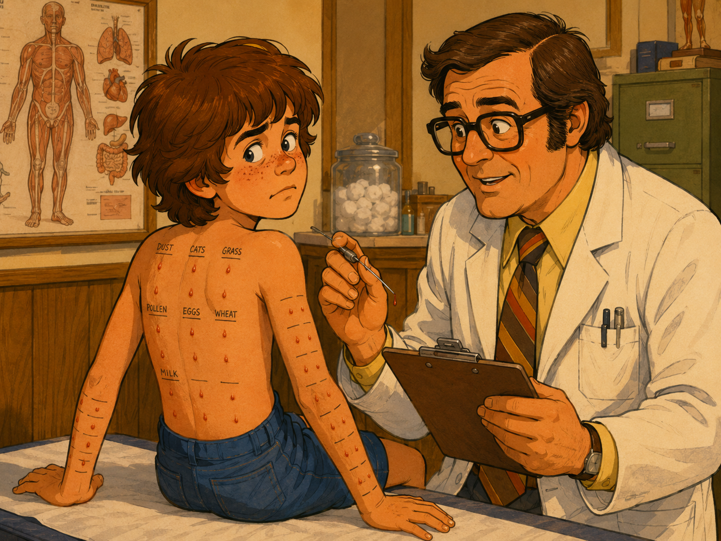 Allergy skin scratch test at a 1970s allergist's office — a boy sits on the exam table with a grid of positive allergy reactions on his back labeled dust, cats, grass, pollen, eggs, wheat, and milk. The clinical origin of the 'allergic to everything' diagnosis behind histamine intolerance.