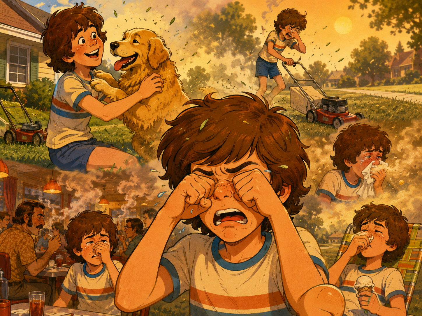 Fish oil for allergies: 1970s cartoon montage of a boy with allergic reactions to a golden retriever, cut grass, cigarette smoke, and pollen — the childhood 'allergic to everything' pattern that fish oil later quieted.