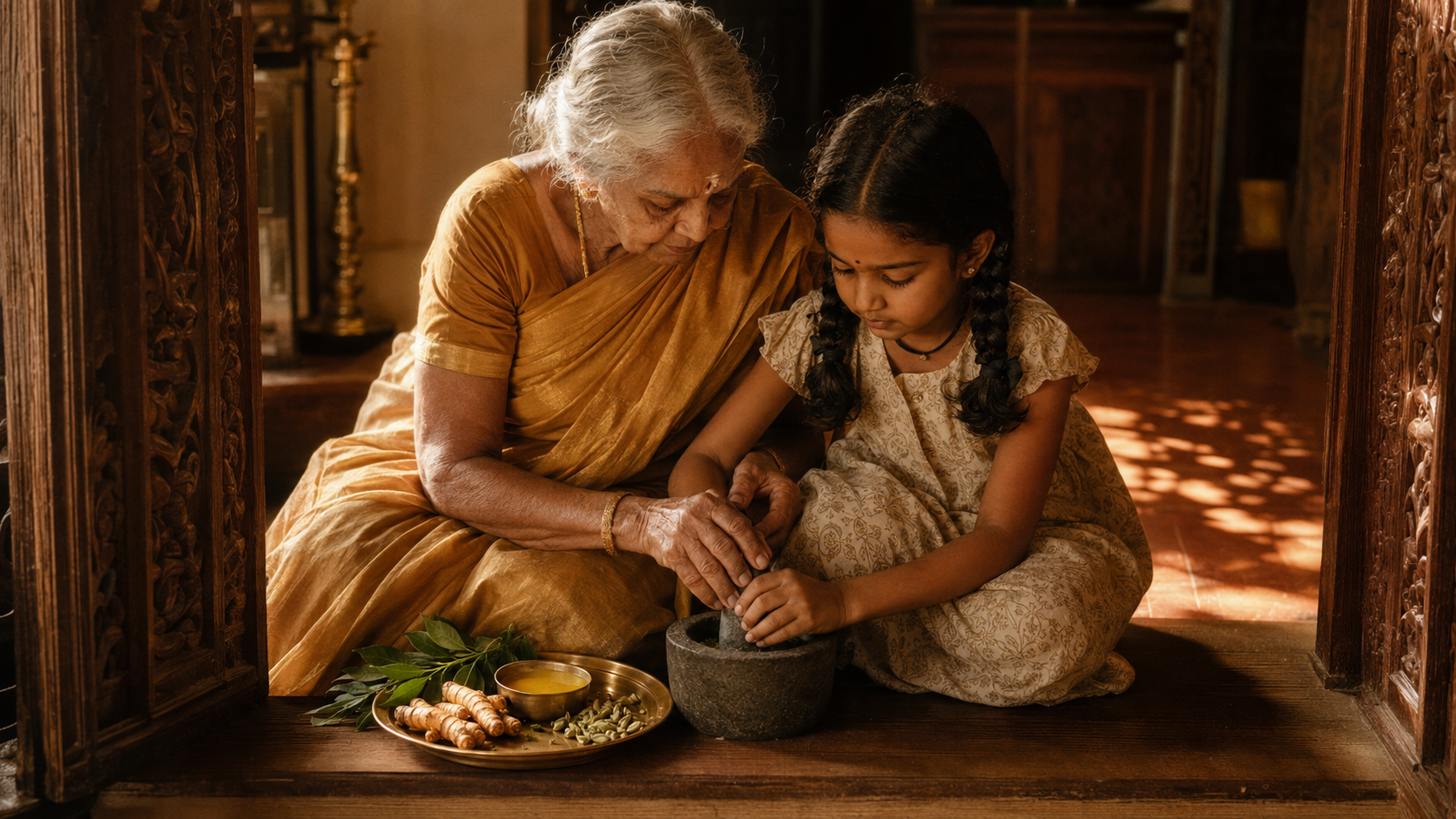 An elderly Indian grandmother in a saffron silk sari teaching her young granddaughter to grind turmeric root and green cardamom pods with a traditional stone mortar and pestle — Ayurvedic food wisdom passed between generations