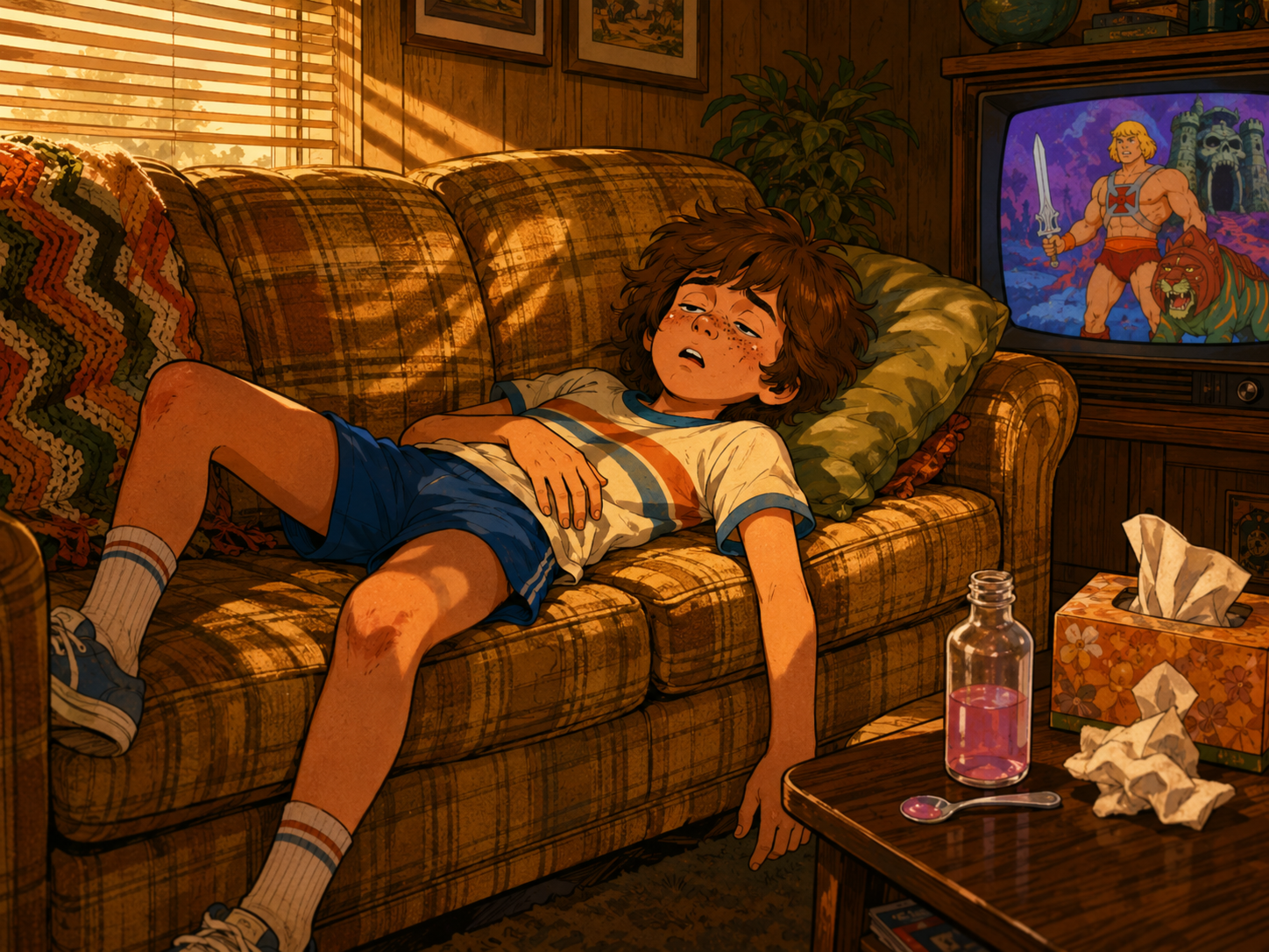Benadryl side effects on a child — a boy asleep on the couch after taking pink liquid Benadryl for allergy symptoms, showing the drowsiness tradeoff of first-generation antihistamines that block histamine at the H1 receptor.