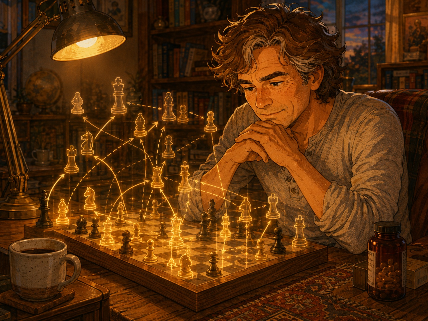 Fish oil for focus and concentration — a chess player visualizes multiple potential moves as glowing overlay projections above the board, with a fish oil bottle on the table. The EPA and DHA effect on cognitive processing speed, attention, and visual-spatial thinking.