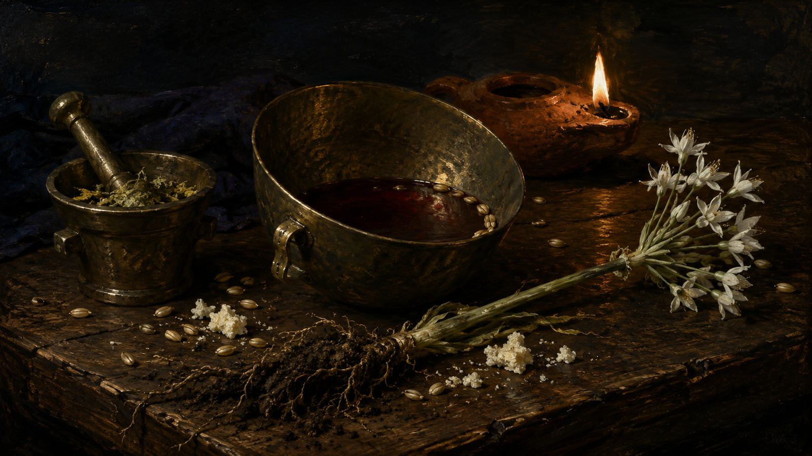 Bronze cup of dark wine on a wooden table with scattered barley and cheese, a mortar of crushed herbs, and the moly plant with black roots and small white flowers, lit by a low clay oil lamp.