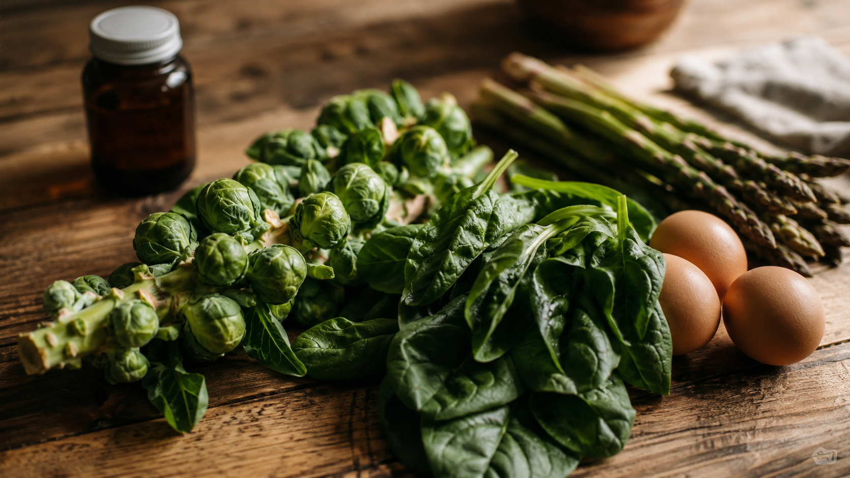 Fresh Brussels sprouts on the stalk, spinach, asparagus and brown eggs on a rustic wooden countertop, with a small amber folic acid supplement bottle blurred in the background — natural folate versus synthetic folic acid