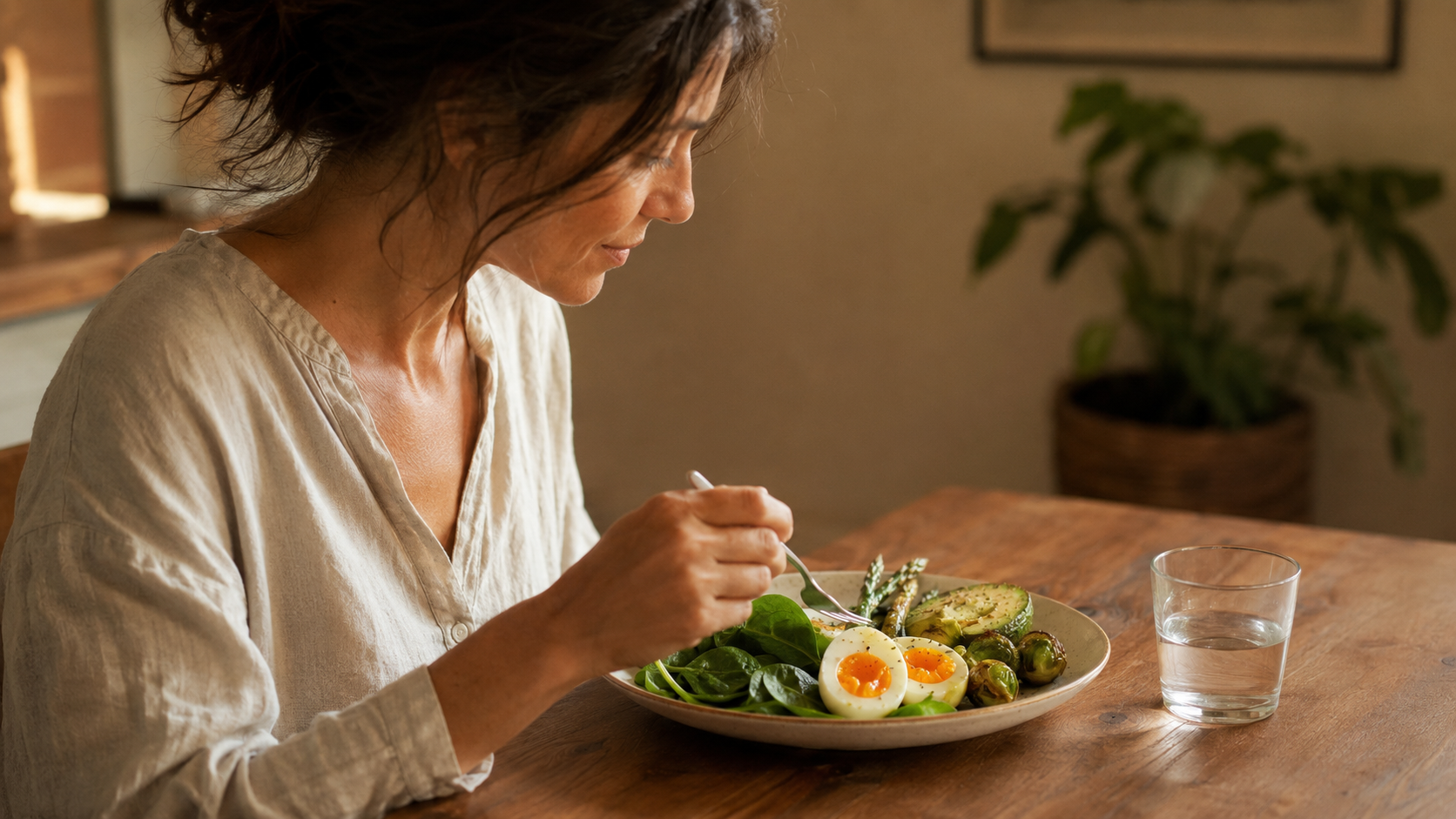 A woman in a soft linen top seated at a warm wooden table eating a folate-rich meal of fresh spinach, soft-boiled eggs, roasted Brussels sprouts, asparagus, and avocado with a glass of water