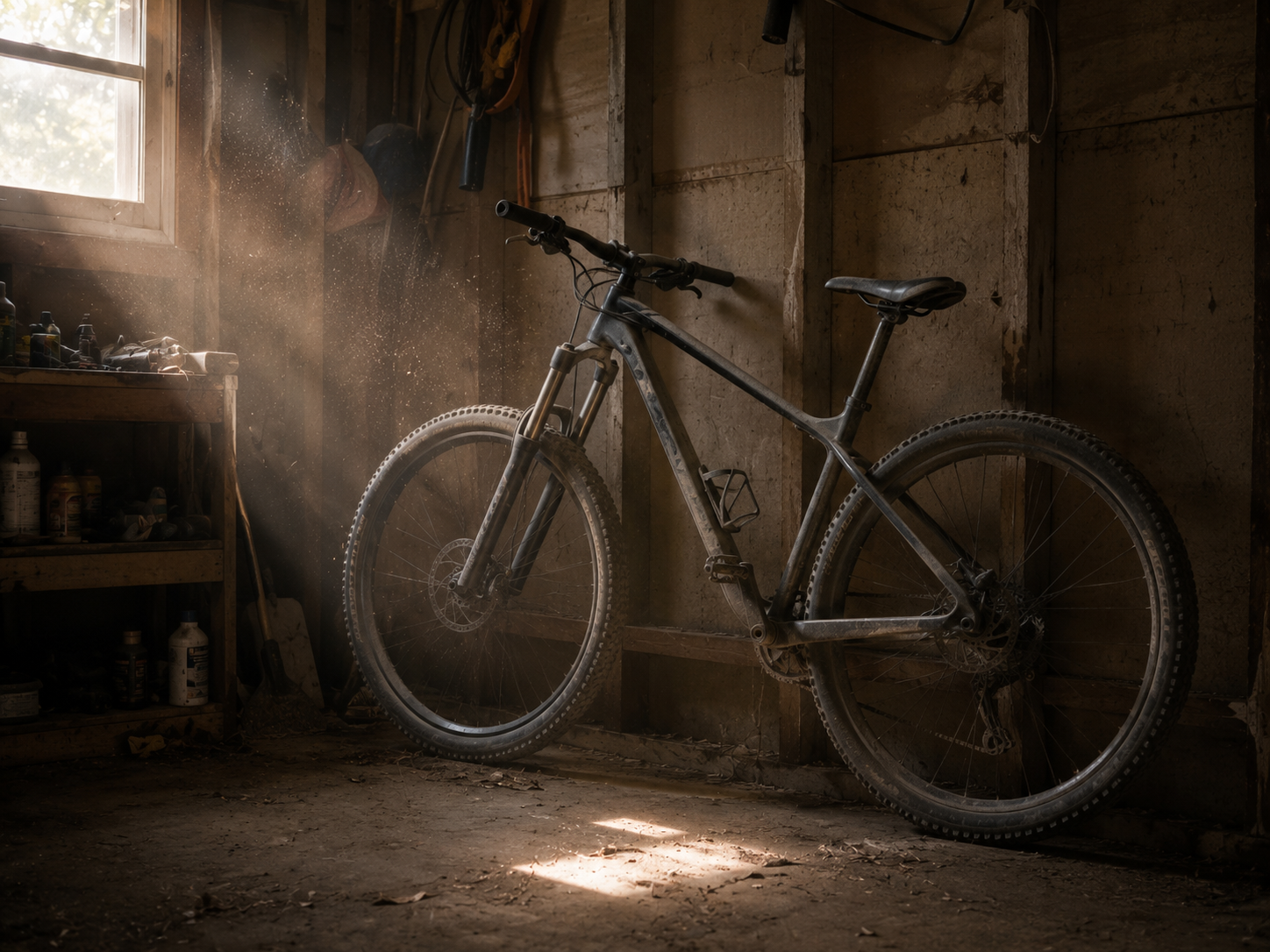 A dusty hardtail mountain bike leaning alone in a dim garage