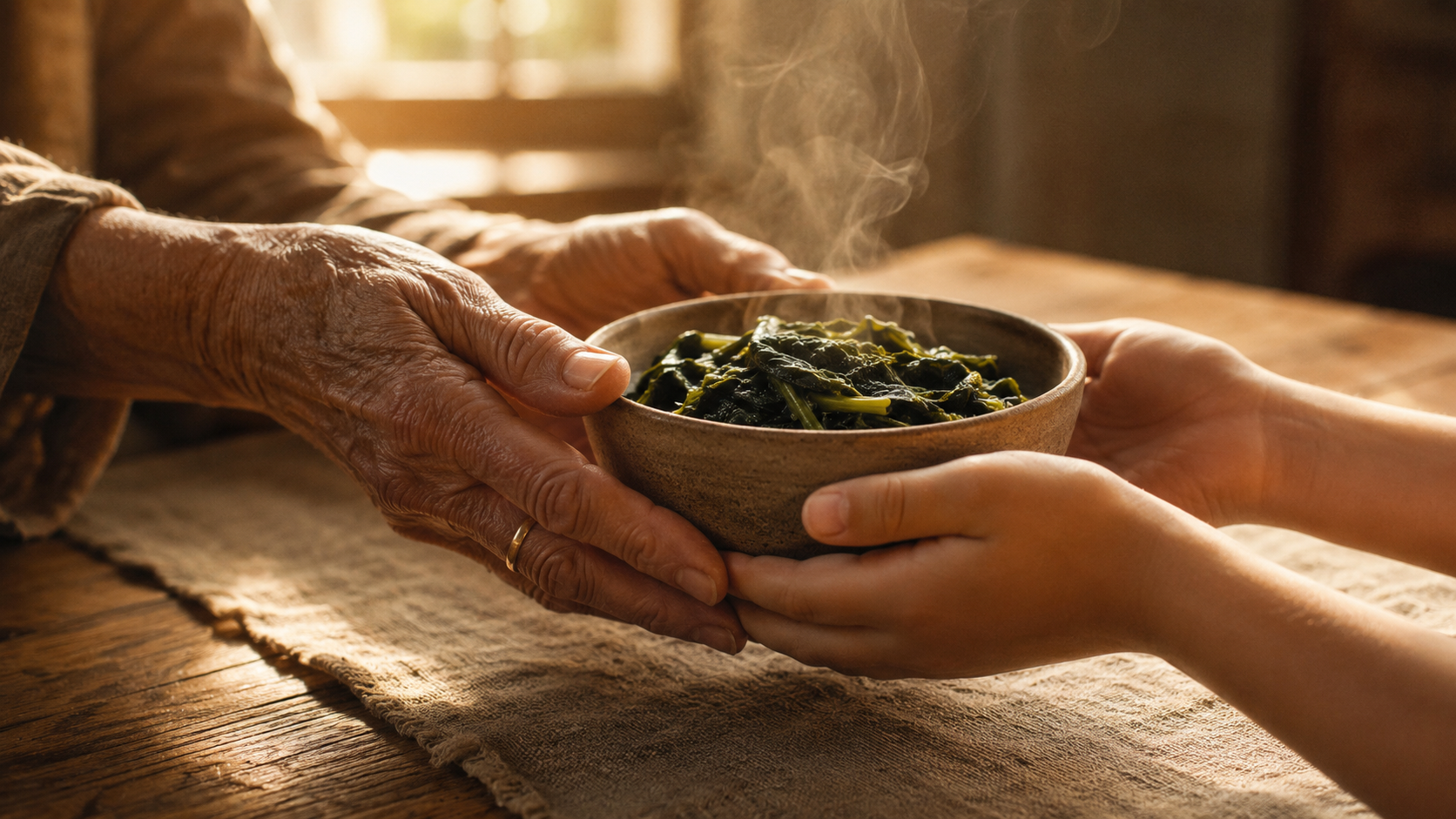 The weathered hands of an older woman with a gold wedding band passing a small earthenware bowl of steaming cooked greens into the smaller hands of a young girl at a warm wooden table — the generational transfer of food wisdom