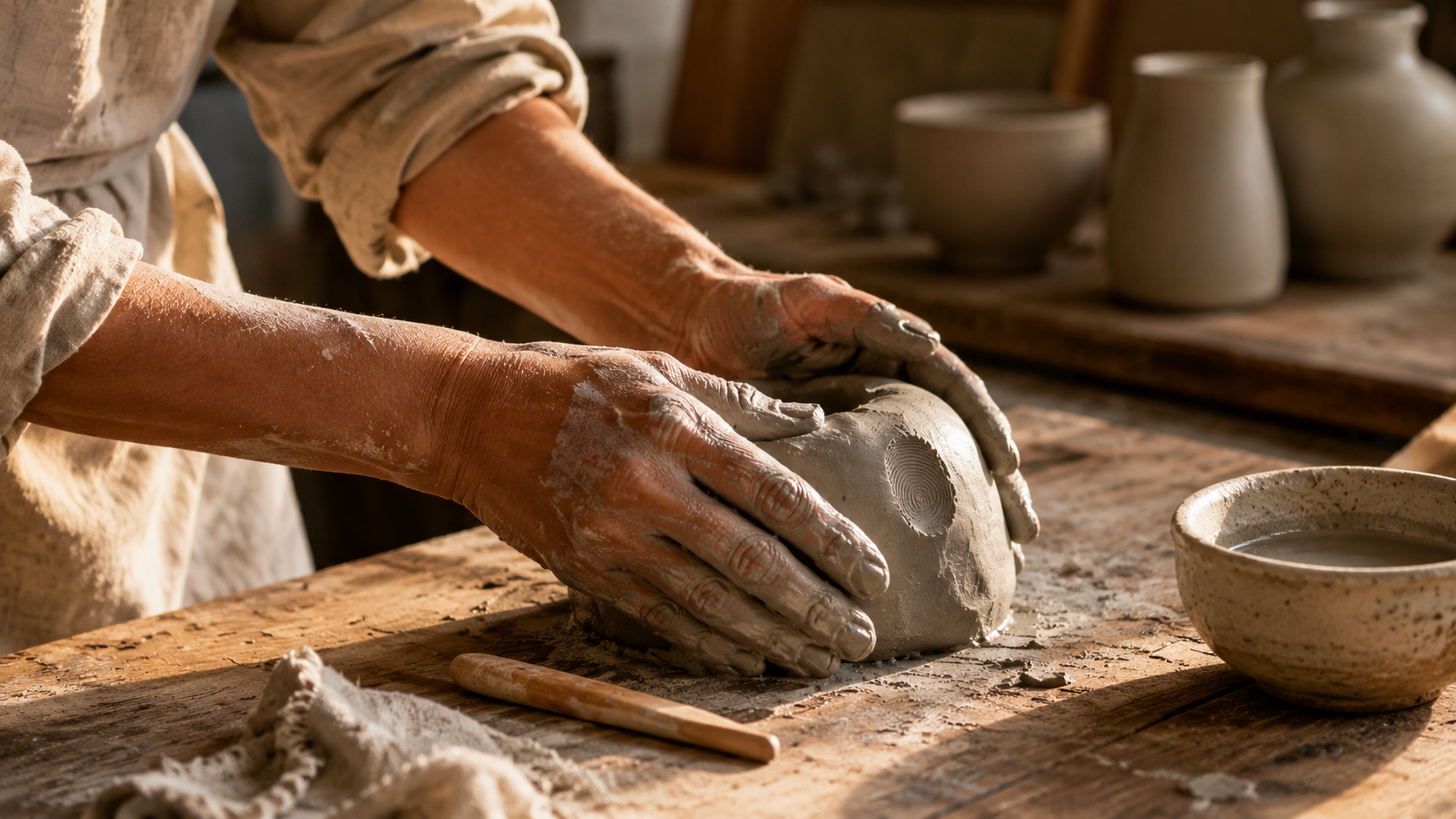 A close-up of a woman's clay-dusted hands shaping wet gray clay on a rustic wooden workshop table in warm afternoon light — a clear thumbprint pressed into the surface of the clay, finished pottery vessels softly out of focus in the background — the physical act of putting a dent in the world