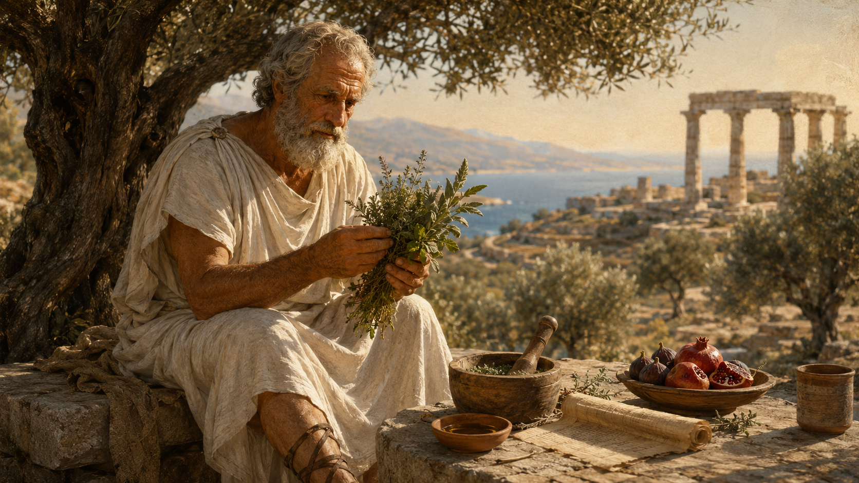 The ancient Greek physician Hippocrates on the island of Kos circa 400 BC, an elderly man in a simple white draped chiton examining a bunch of fresh green herbs while seated beneath an olive tree, with a wooden mortar and pestle, a bowl of figs and pomegranates, an unrolled papyrus scroll, and a small cup of olive oil on a stone table beside him — the Aegean sea and ancient temple ruins in the distance
