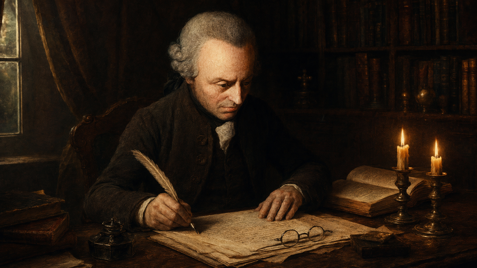 The German philosopher Immanuel Kant seated at his writing desk in his Königsberg study in 1784, an older man with powdered gray hair in a dark coat, writing with a goose-feather quill on manuscript pages by warm candlelight — captured in the moment of writing his essay 'An Answer to the Question: What is Enlightenment?' with its famous phrase Sapere aude