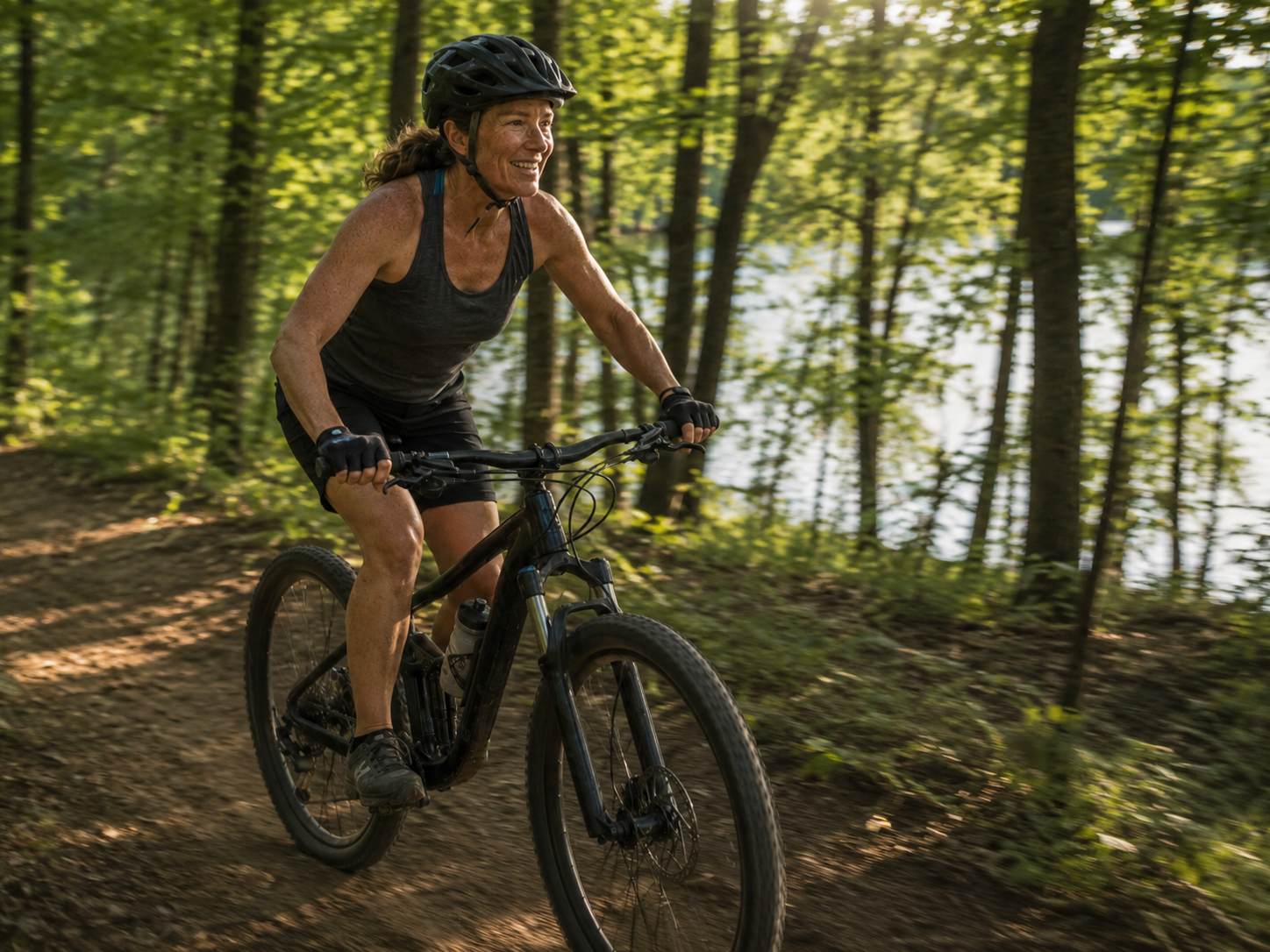 A woman coasting a flowing trail beside a lake in golden light, looking free