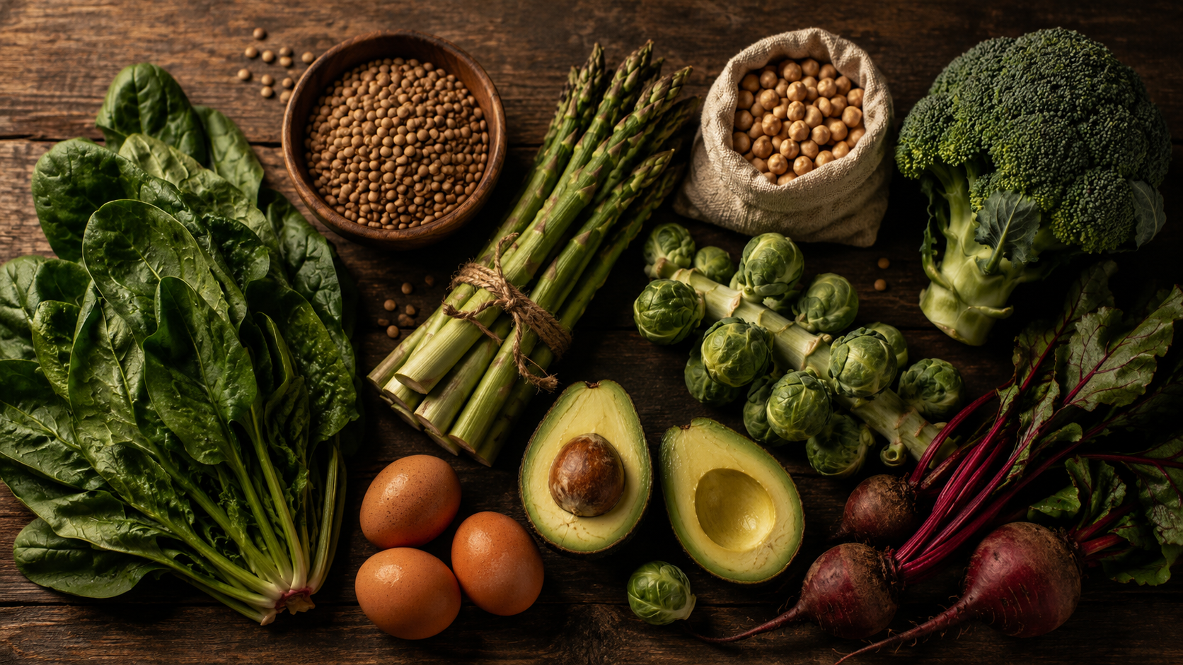 Overhead flat lay of natural folate-rich foods on a dark wooden table: fresh spinach, lentils in a wooden bowl, asparagus tied with twine, chickpeas in a linen sack, broccoli, Brussels sprouts on the stalk, brown eggs, a halved avocado, and beets with greens attached