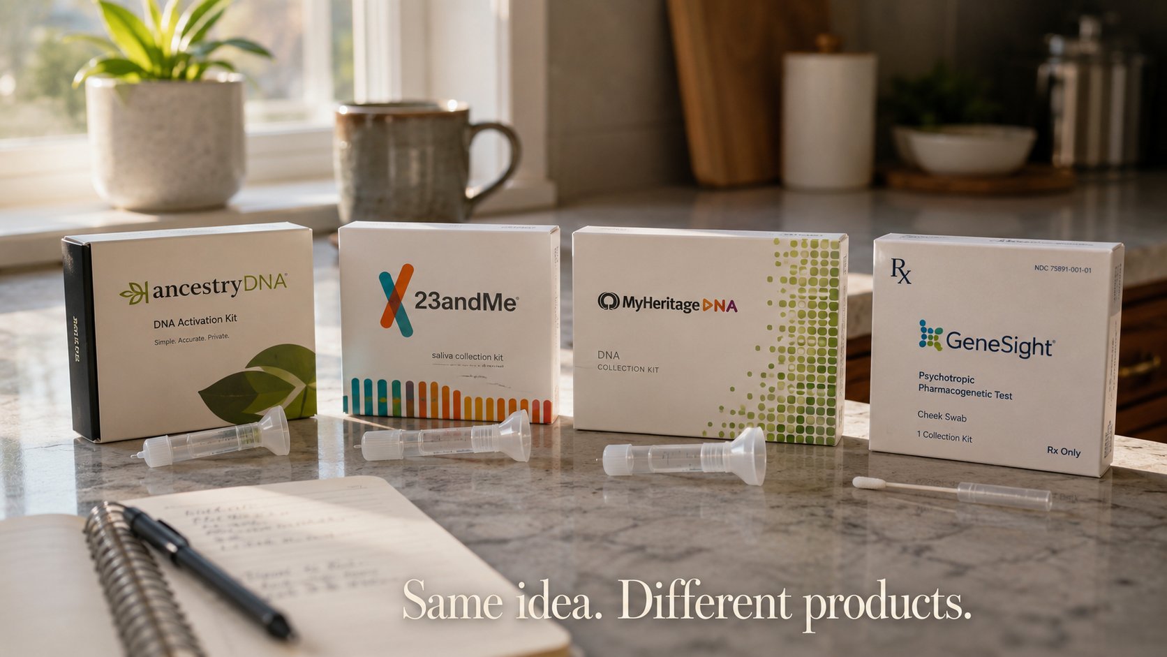 Editorial lifestyle photograph on a light marble kitchen counter in soft natural morning daylight. Four real DNA test boxes laid out in a row across the counter: AncestryDNA (cream and dark-green packaging, marked DNA Activation Kit), 23andMe (white with the recognizable teal-and-orange logo treatment, marked saliva collection kit), MyHeritage DNA (white with green pixel-dot pattern, marked DNA Collection Kit), and a clinical GeneSight Psychotropic Pharmacogenetic Test box with an Rx label. Each kit has its collection device visible just in front of it on the counter — three saliva-collection tubes for the consumer kits and a cheek swab for the clinical kit. An open notebook with handwritten notes and a pen sits at the lower-left edge of the frame. Soft warm kitchen background gently out of focus: small green plant on the windowsill, ceramic mug, light cabinetry. Caption in clean serif type at the bottom: Same idea. Different products.