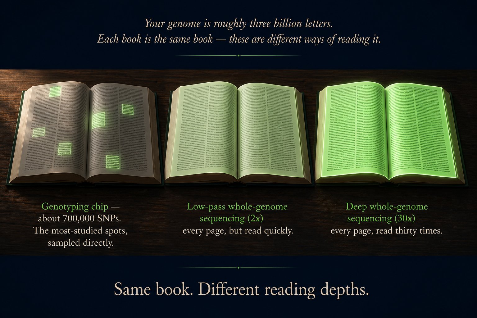 Educational illustration on a deep navy background. Three identical open hardcover books rest side by side on a dark wooden surface, each book representing a different way of reading the same genome. The left book has only a few small glowing green-highlighted patches scattered across its open pages — most of the pages are dim and untouched. Label below: 'Genotyping chip — about 700,000 SNPs. The most-studied spots, sampled directly.' The middle book has every page faintly glowing green in an even, shallow wash. Label: 'Low-pass whole-genome sequencing (2x) — every page, but read quickly.' The right book is brightly, fully saturated in glowing green across every page — the most-read of the three. Label: 'Deep whole-genome sequencing (30x) — every page, read thirty times.' Italic text above the books reads: 'Your genome is roughly three billion letters. Each book is the same book — these are different ways of reading it.' Bottom caption in large clean serif: Same book. Different reading depths.