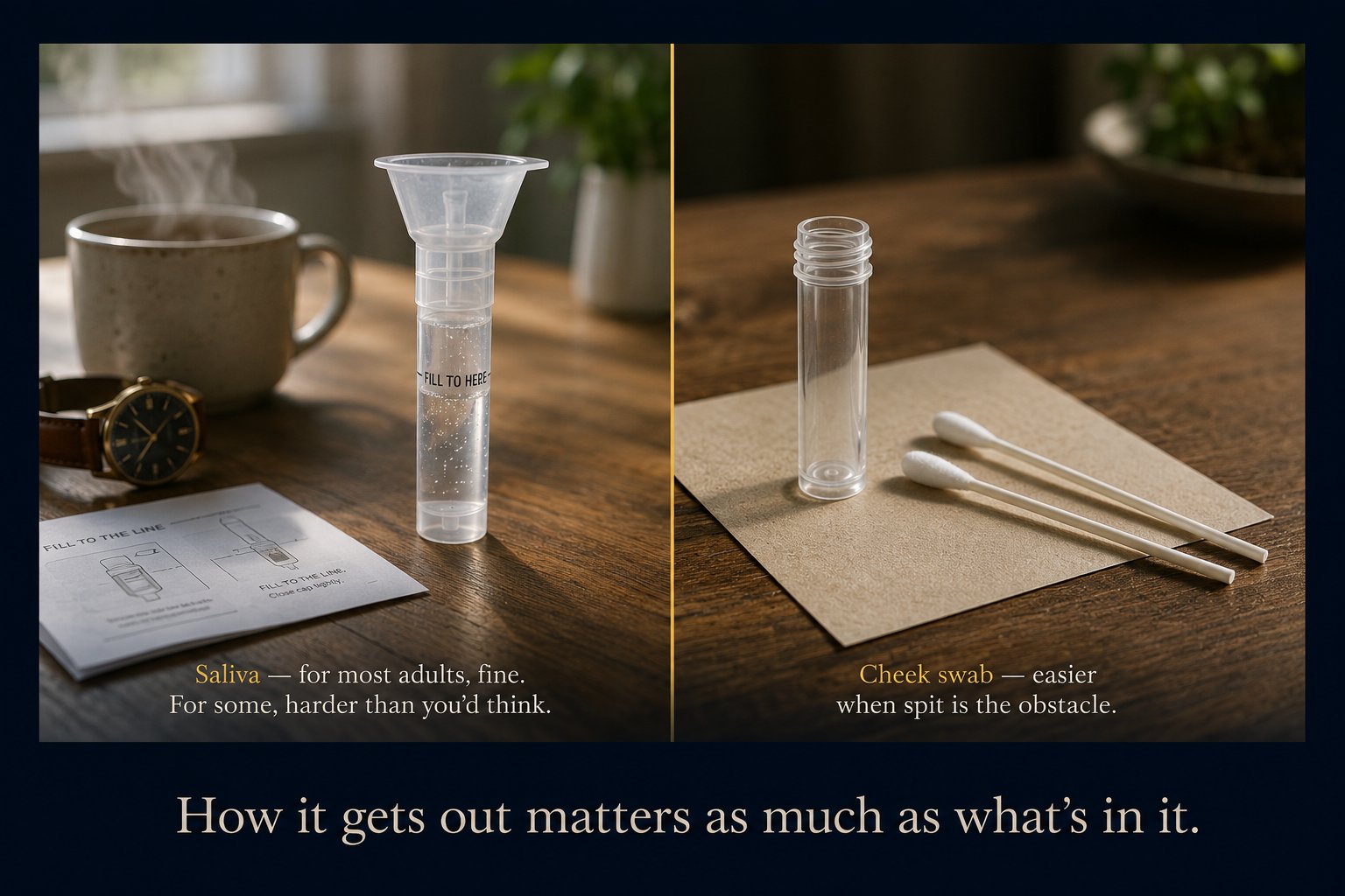 Editorial lifestyle split-frame photograph framed in deep navy. Left side: a real saliva-collection tube with a 'FILL TO HERE' line stands upright on a wooden table beside a steaming ceramic coffee mug, a leather-band wristwatch, and a folded instruction sheet showing fill-line diagrams — small visual cues that filling the tube takes time and patience. Caption in cream serif: Saliva — for most adults, fine. For some, harder than you'd think. Right side: an open clear cheek-swab vial with two cotton swabs laid on a parchment-color card on the same wooden table, with a small green plant softly out of focus in the background — communicating speed and simplicity. Caption: Cheek swab — easier when spit is the obstacle. Bottom caption across the whole image in large serif: How it gets out matters as much as what's in it.