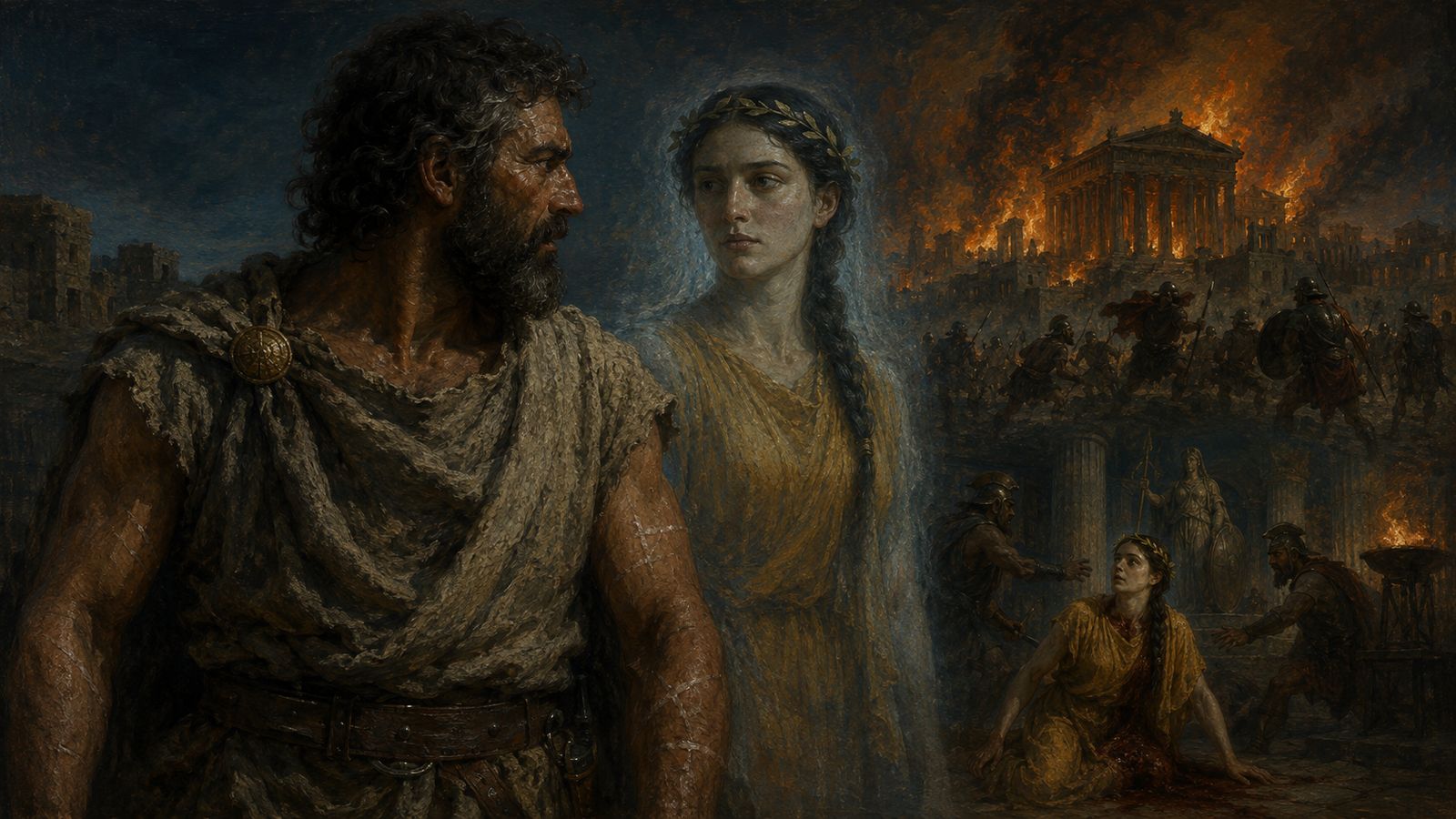 Odysseus turning to look at the translucent figure of a young priestess walking beside him, while behind them the temple of Athena burns and soldiers seize her at the altar.