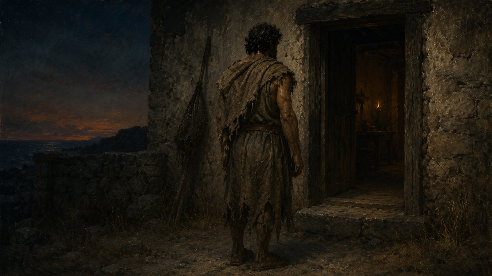 Odysseus in beggar's rags seen from behind at the threshold of his own house at dusk.