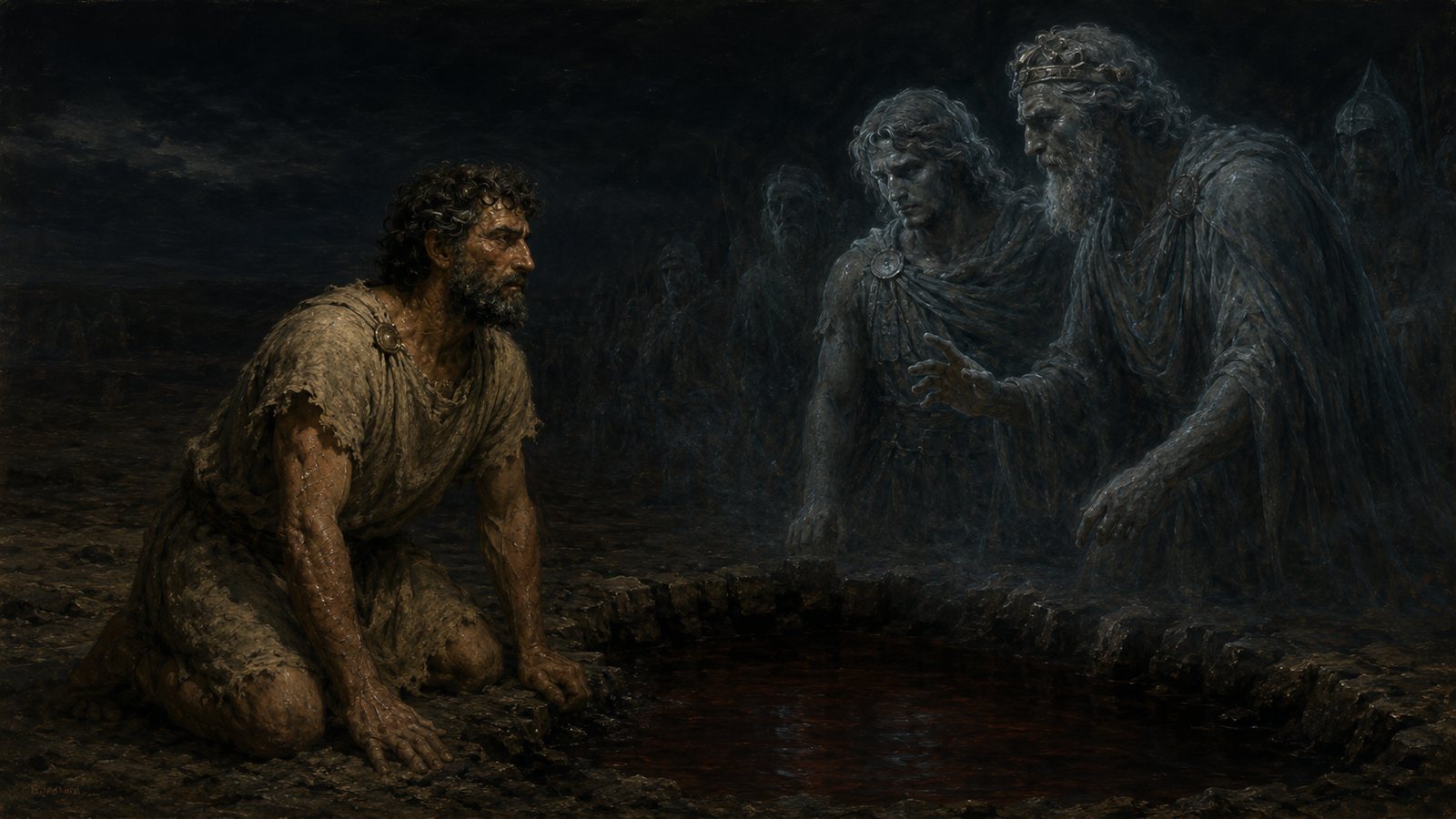 Odysseus kneeling at a blood-filled pit in the underworld as the shades of Agamemnon and Achilles lean toward him out of the dark, more dead crowding behind them.
