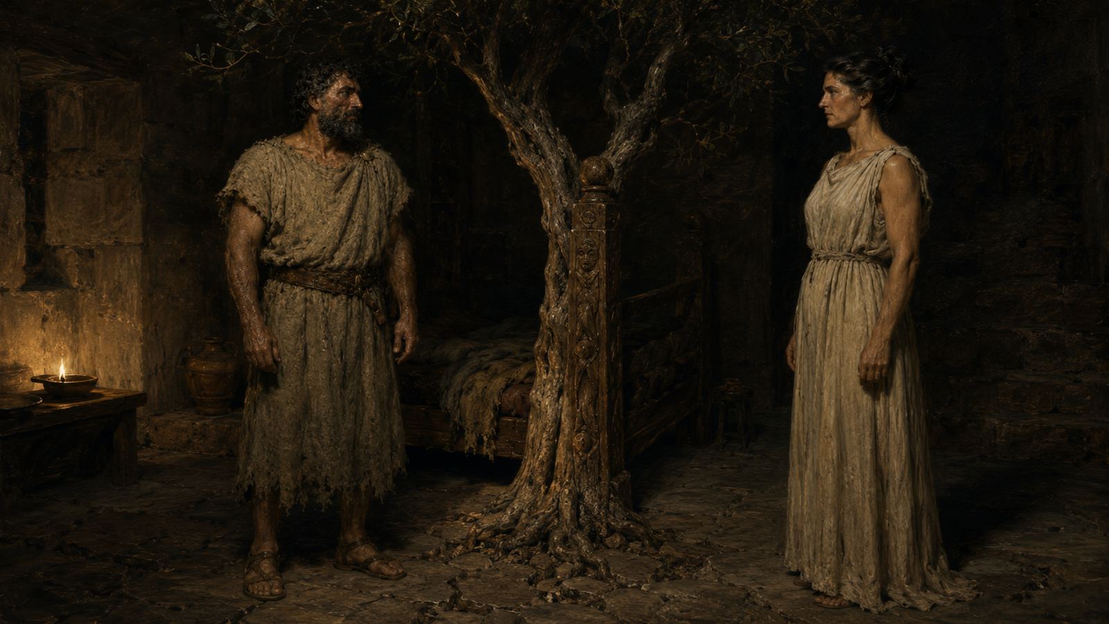Odysseus and Penelope standing apart in a lamplit room, the olive-trunk bedpost between them.