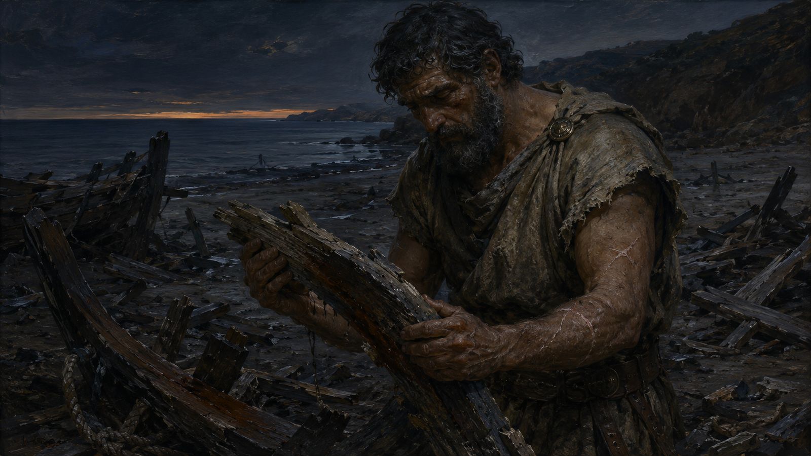 Odysseus alone on a rocky beach at dusk, examining a curved wooden timber pulled from a shipwreck strewn around him, sunset on the horizon.