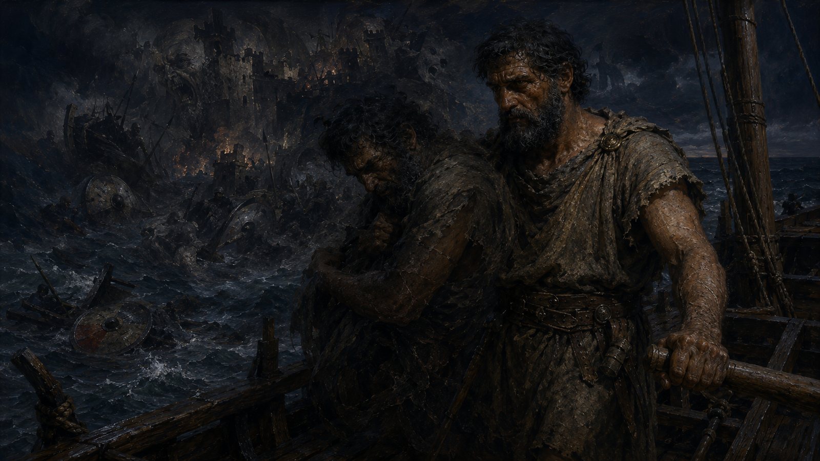 Odysseus at the steering oar with his face set forward while a second version of himself stands beside him with his head bowed, Troy burning and ships breaking up in the water behind them.