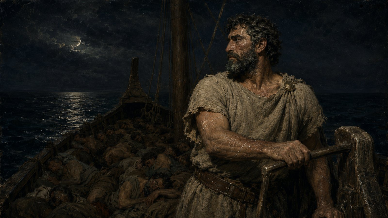 Odysseus alone at the steering oar at night, his crew asleep on the deck behind him.