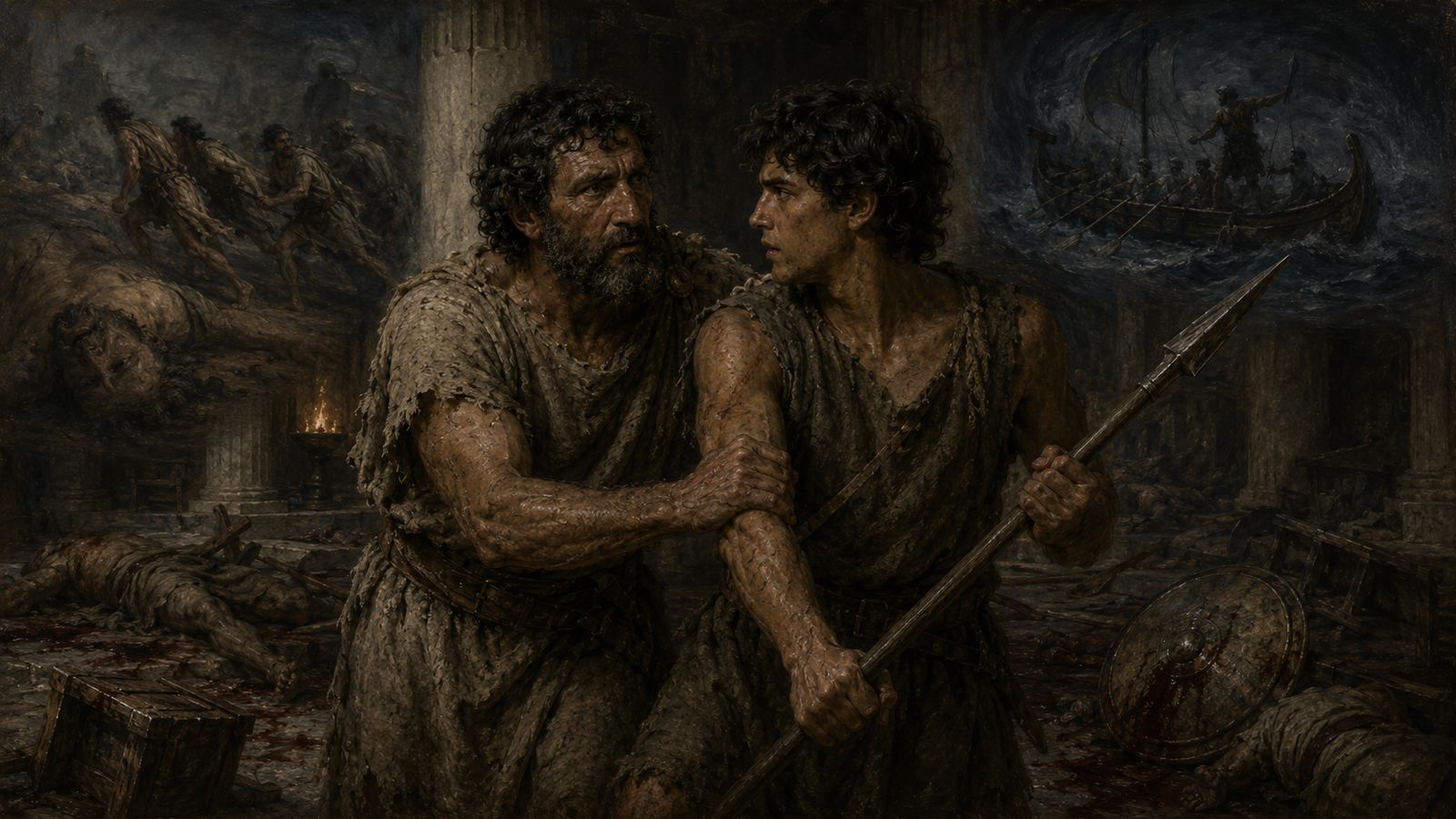 Odysseus gripping his son Telemachus by the arm mid-fight, holding him back from the spear, bodies and burning columns around them.