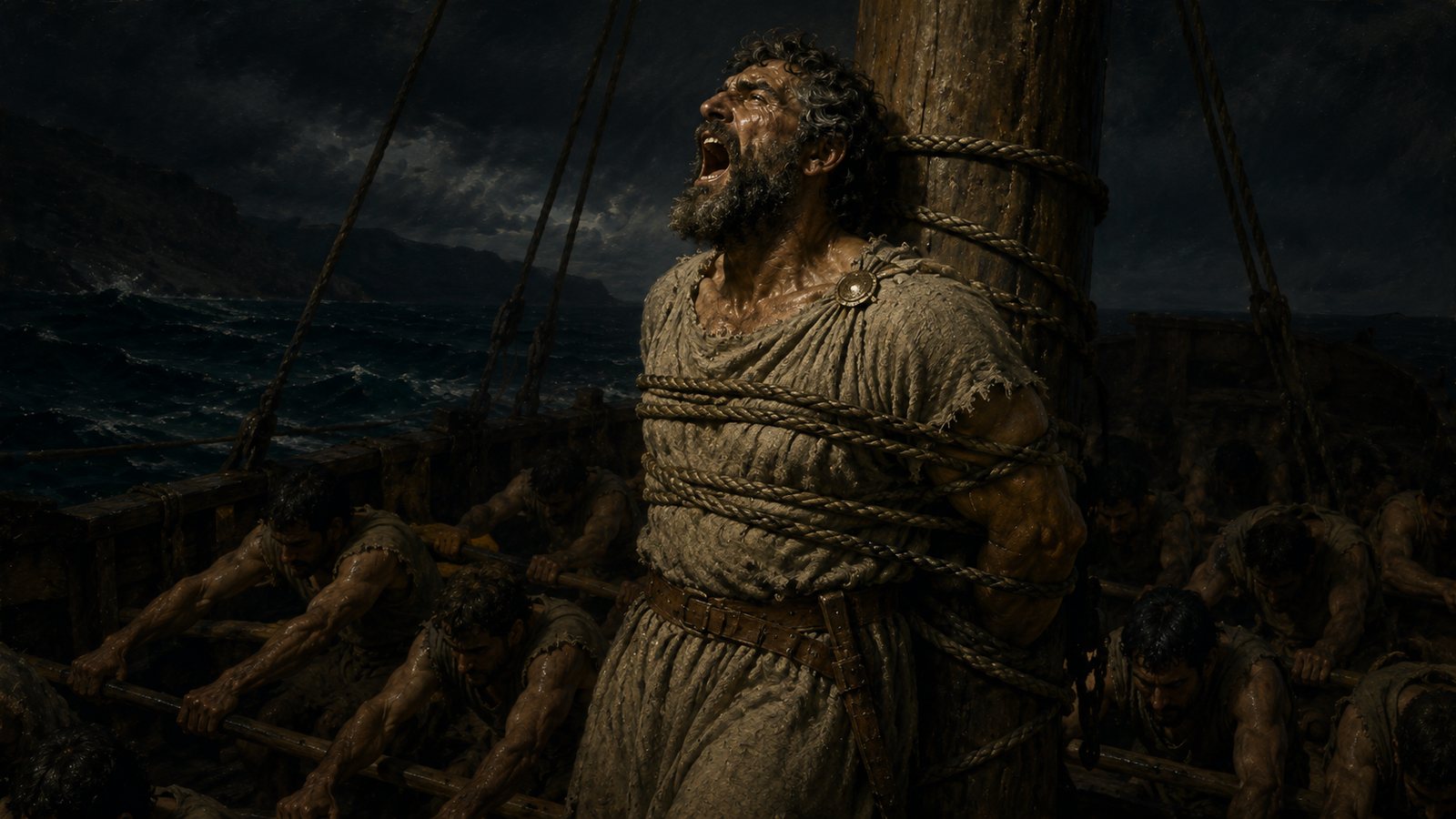 Odysseus lashed to the mast, shouting, while his crew row with wax in their ears.