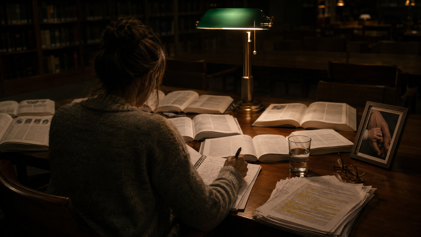 A woman in a gray wool sweater shown from behind seated at a wooden research library table late at night, illuminated by a single green-shaded library desk lamp, deeply absorbed in taking handwritten notes as she reads across a table spread with open medical journals and highlighted research pages — a small framed photograph of a child's hand held by an adult hand rests beside her — parental love as intellectual work