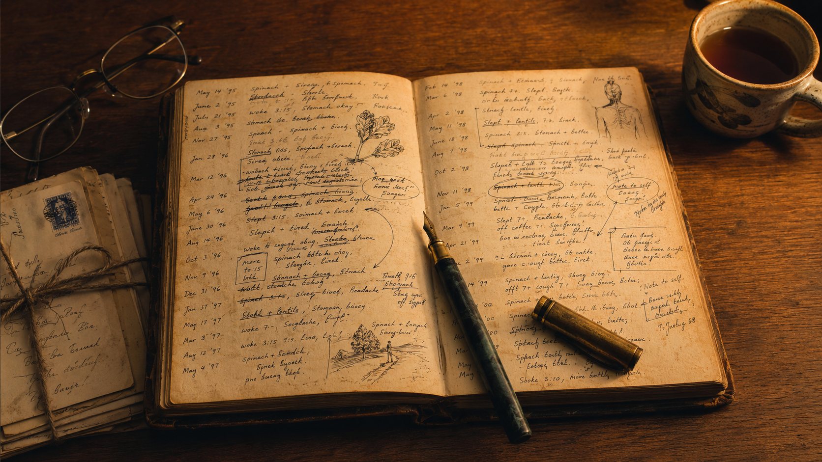 An open leather-bound personal journal on a warm wooden table in soft lamplight, its aged pages densely filled with years of handwritten notes, dates, small sketches, and arrows connecting ideas — a fountain pen resting across the pages, reading glasses and a ceramic teacup nearby, and a small bundle of old letters beside it — the personal library the blog describes made visible