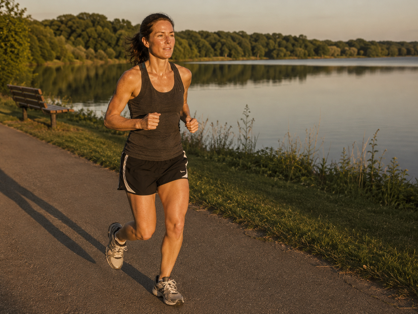 A woman running on a path beside a calm lake in golden late-afternoon light