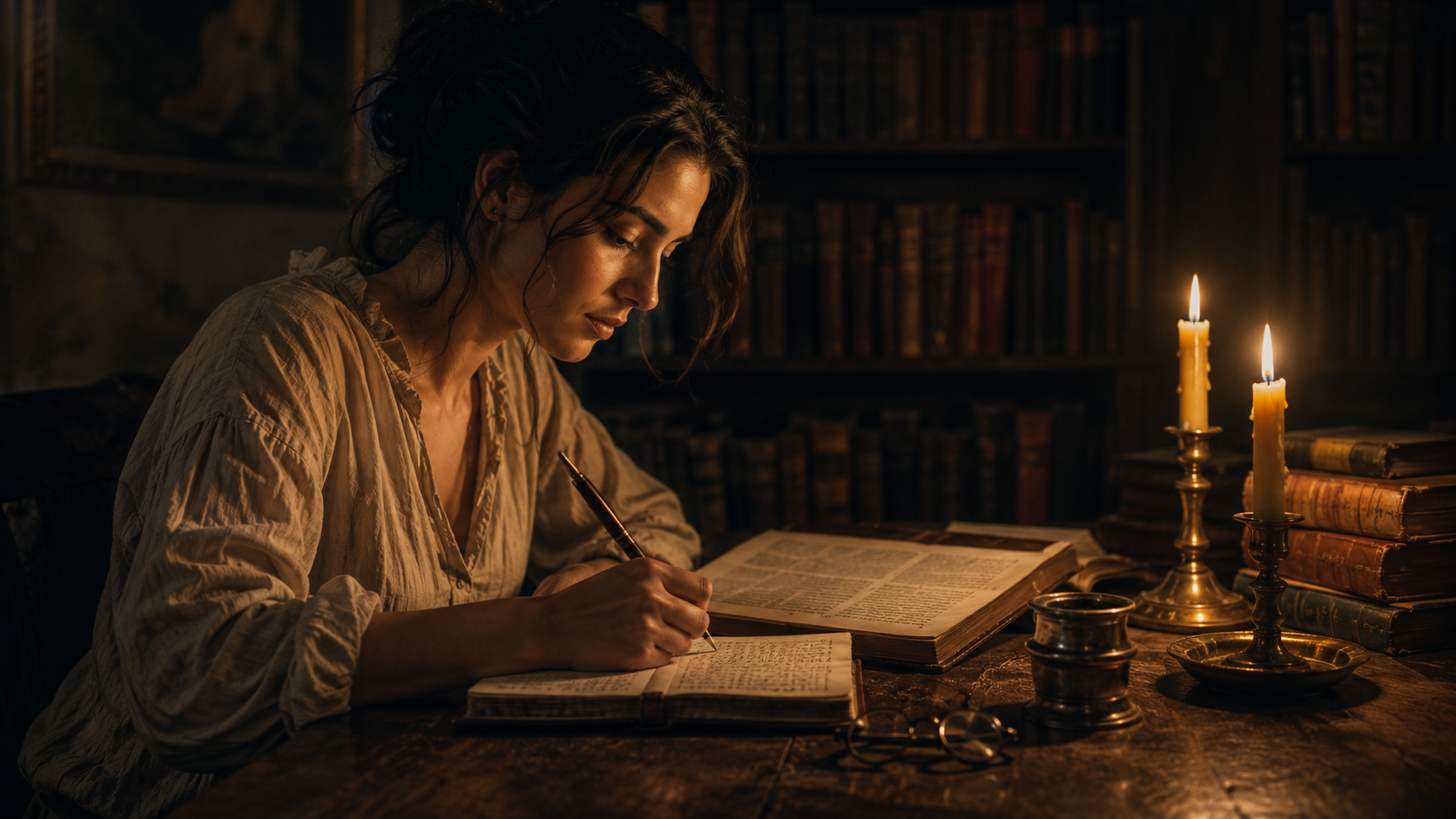 A young woman with dark hair alone at a wooden writing desk in a candlelit study at night, writing in a leather-bound notebook by the light of two beeswax candles, surrounded by old books and bookshelves — the private act of using one's own understanding, Kant's sapere aude