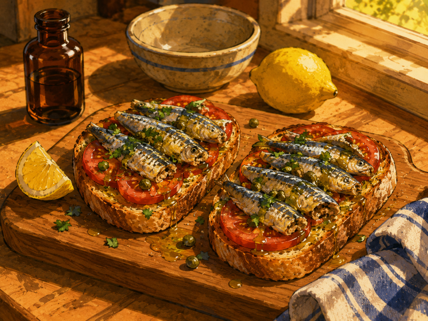 Sardines on sourdough with tomato, olive oil, and capers — a whole-food source of omega-3 EPA and DHA that delivers marine omega-3 fatty acids without a fish oil supplement, ideal for people with FADS variants that slow plant omega-3 conversion.