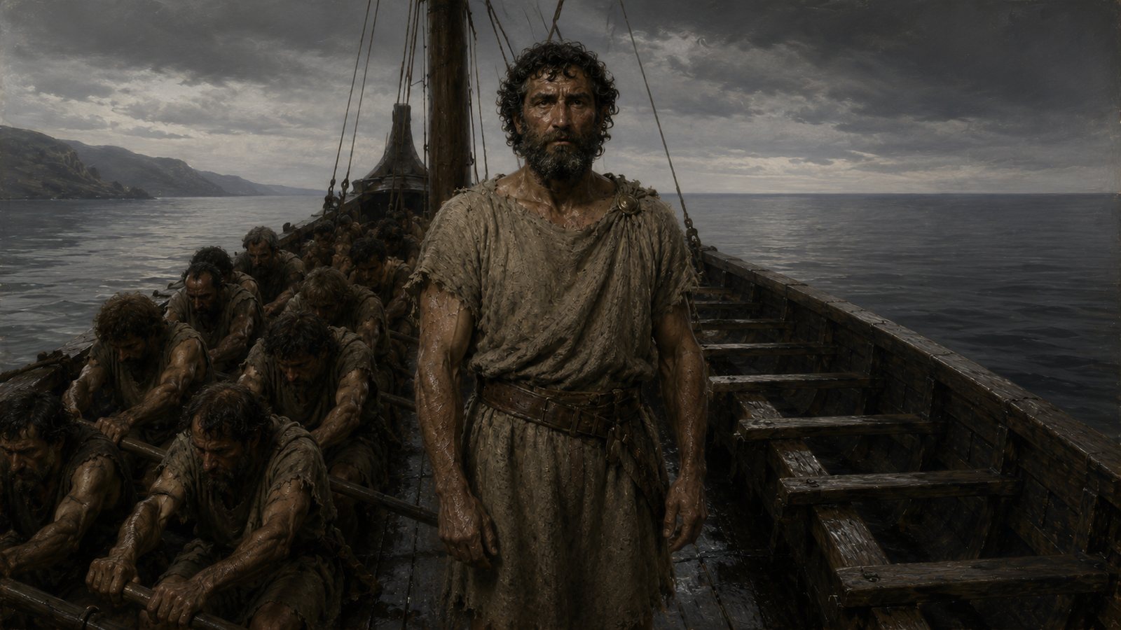 Odysseus standing amidships not looking at the water, six rowing benches empty behind him.