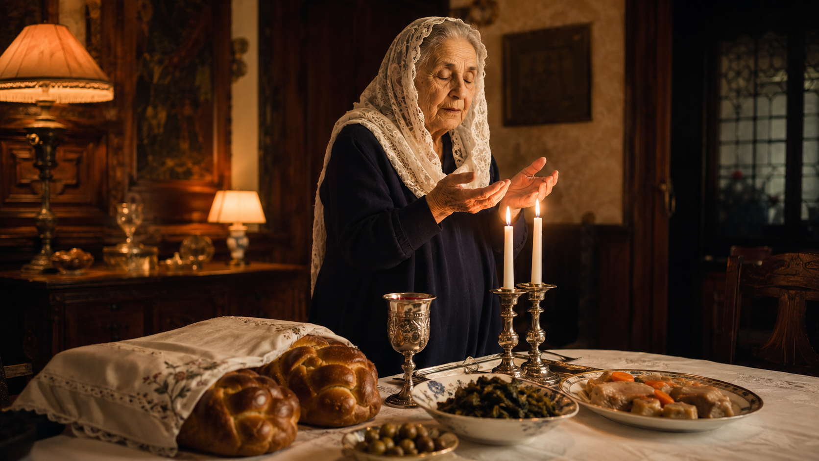 An elderly Jewish grandmother in white lace headcovering blessing the Shabbat candles at a Friday night table set with braided challah, silver kiddush cup, bowl of greens, and gefilte fish — a food ritual passed down for three thousand years