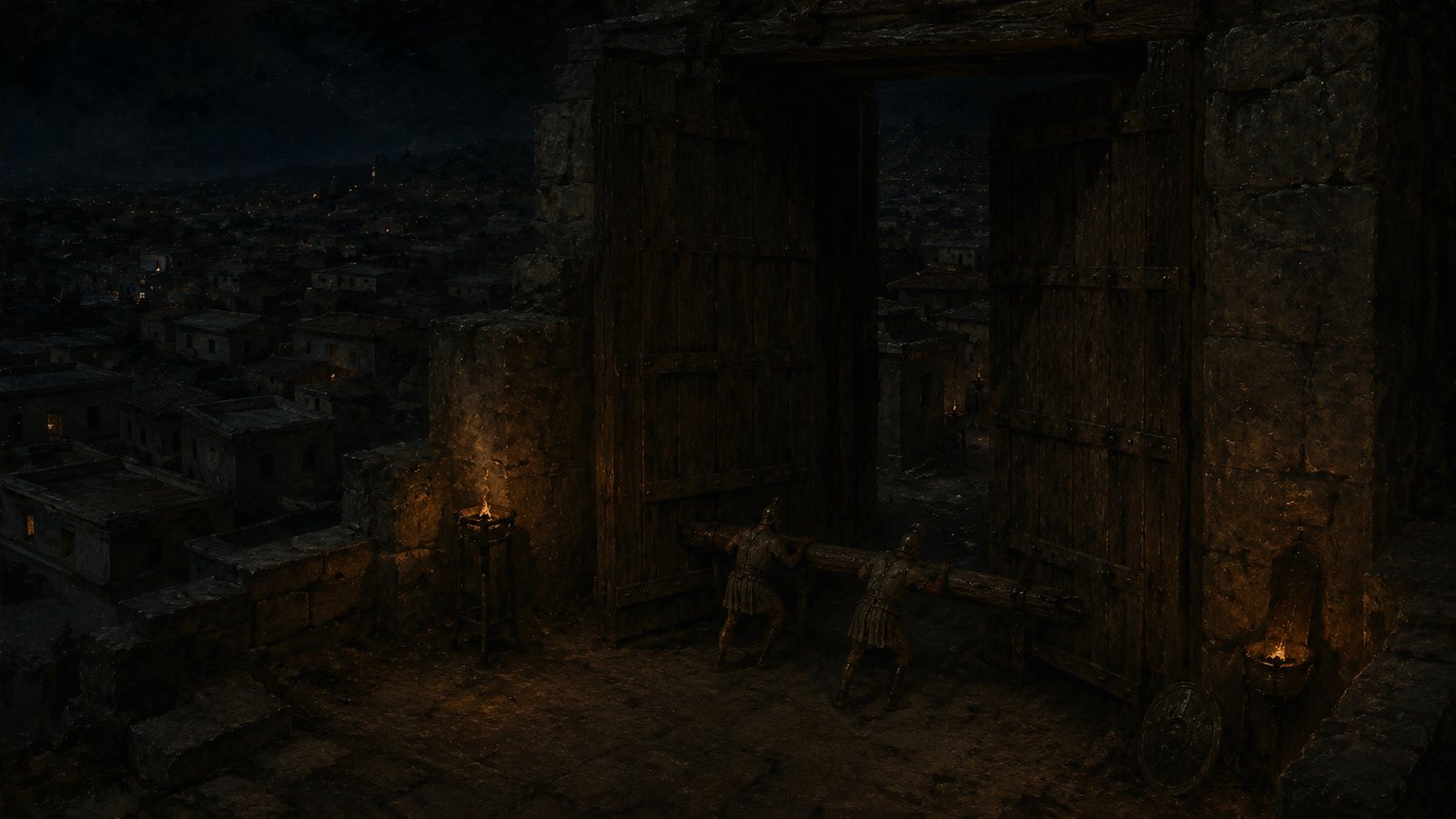 Two Greek soldiers hauling the city gates open from inside at night.