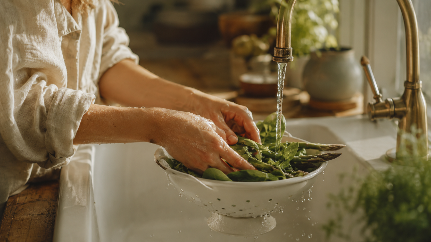 A woman's hands washing fresh spinach and asparagus in a white ceramic colander under a warm brass kitchen faucet — preparing natural folate-rich leafy greens